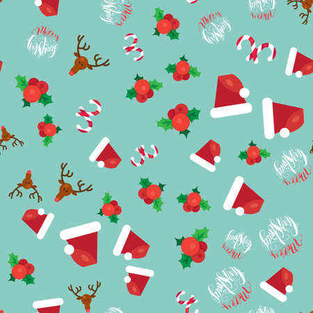 Merry Christmas Seamless Pattern With Hand Drawn Lettering, Happy Xmas Deer, Santa Claus Hat, Holly berries, Caramel Wand. Design Elements for invitation, greeting, card and sticker, print. Vectorのイラスト素材