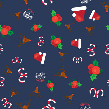 Merry Christmas Seamless Pattern With Hand Drawn Lettering, Happy Xmas Deer, Santa Claus Hat, Holly...