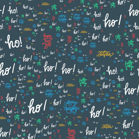 Merry Christmas Seamless Pattern With Hand Drawn Lettering. Xmas Design Label Elements for holiday invitation, greeting, card and fabric, backdrop, sticker, wallpaper, print. Vectorのイラスト素材