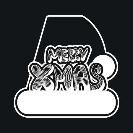 Merry Christmas Hand Drawn Lettering with Santa Claus Hat Illustration. Xmas Design Label Elements for holiday invitation, greeting, card and headline, title, sticker, emblem, print, magnet. Vectorのイラスト素材