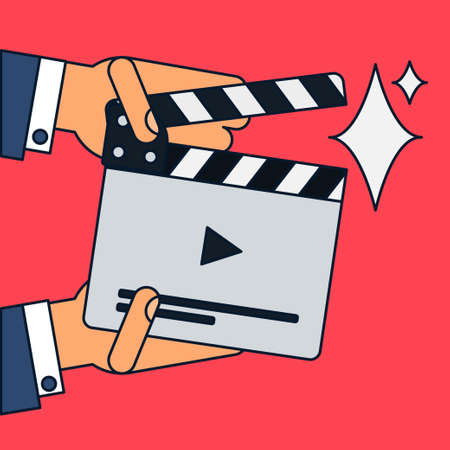 Flat movie clapperboard symbol in hands. Stylish blank movie clapperboard elements. Vectorのイラスト素材