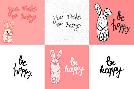 Vintage hand drawn lettering hipster composition with phrase Be Happy with heart and rabbits. Print, typographic, greeting, poster, t-shirt design about love. Vectorのイラスト素材