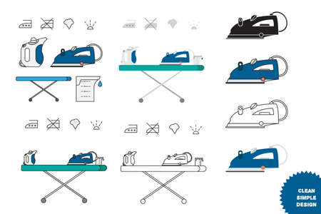 Isolated iron and hand steamer with symbols on ironing board and beaker. Modern vector illustrationのイラスト素材