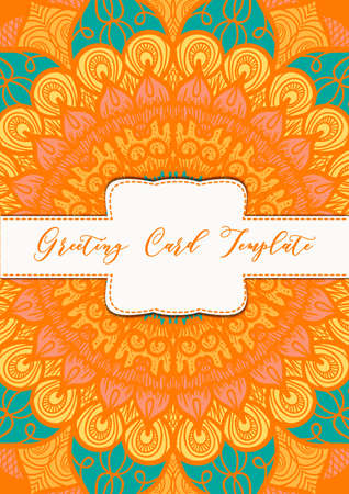 Mandala vintage template card in arabic and indian, islam and ottoman, turkish, asian style for brochure, flyer, greeting, invitation card, cover. Format A4. Floral holiday ornamental design. Vectorのイラスト素材