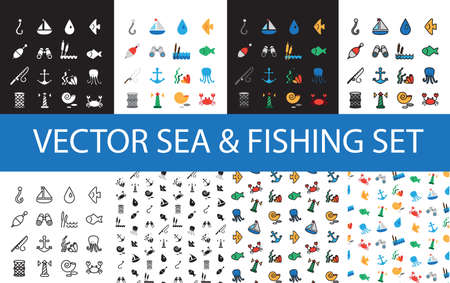 Isolated marine and fishing icons and patterns set. Vectorのイラスト素材