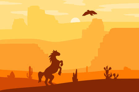 Retro Wild West galloping horse in desert. Vintage sunset in prairie with mustang, cacti and eagle in sky. Western Day. Natural Landscape for print, poster, illustration, sticker. Vectorのイラスト素材