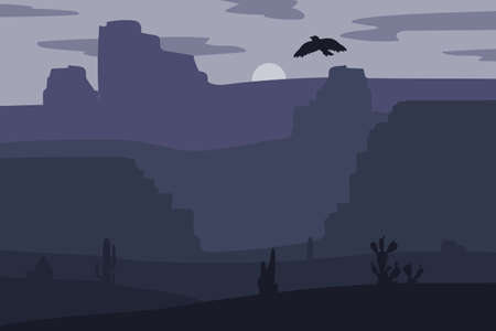 Retro Wild West galloping horse in desert. Vintage sunset in prairie with mustang, cacti and eagle in sky. Western Night. Natural Landscape for print, poster, illustration, sticker. Vectorのイラスト素材