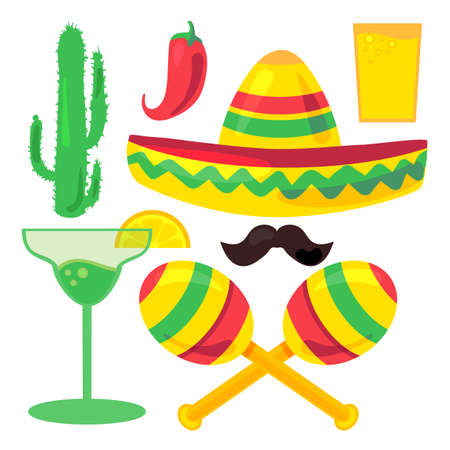 Cinco De Mayo Festival Set from chili, confetti, cactus, mustache and margarita, sombrero and maraca. Vectorのイラスト素材