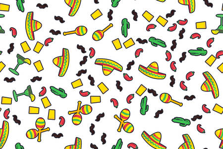 Cinco De Mayo Festival Seamless Pattern from chili, confetti, cactus, mustache and margarita, sombrero and maraca. Festival Poster. Vectorのイラスト素材