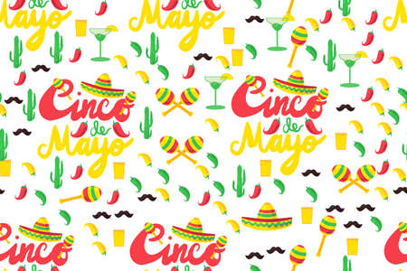 Cinco De Mayo Festival Seamless Pattern from chili, confetti, cactus, mustache and margarita, sombrero and maraca. Festival Poster. Vectorのイラスト素材