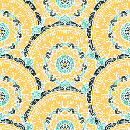 Hand drawn Gold Mandala Seamless Pattern. Arabic, indian, turkish and ottoman culture decoration style. Ethnic ornamental background. Magic vintage template of greeting, print, cloth, tattoo. Vectorのイラスト素材
