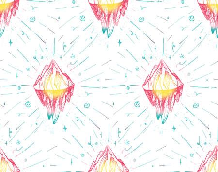 Inspirational mountain seamless pattern for print, fabric, t-shirt, greeting, card. Vintage boho hand drawn nature iceberg peak. Travel outdoors adventure. Motivational meditation ornament. Vectorのイラスト素材