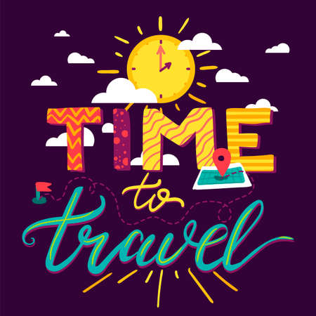 Time To Travel Lettering isolated on black background.のイラスト素材