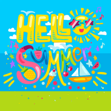 Hello Summer Concept With Fruits, Ice Cream, Flamingos, Yacht and Sun. Vectorのイラスト素材