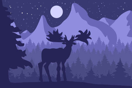 Elk in the night coniferous forest near the mountains under moon. Vectorのイラスト素材