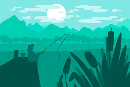 Fisherman sitting with a fishing rod on the bridge on the river near the mountains. Vectorのイラスト素材