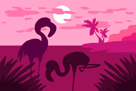 Tropical landscape with flamingo, palms and sun. Tropics sunset. Vectorのイラスト素材