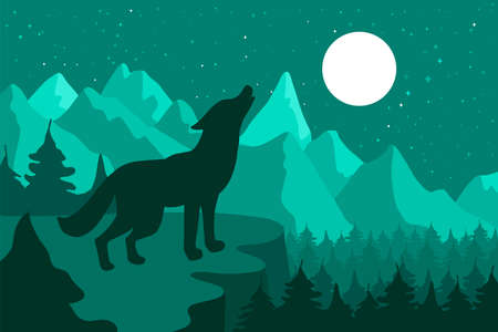 Wolf in the night coniferous forest near the mountains under moon. Vectorのイラスト素材