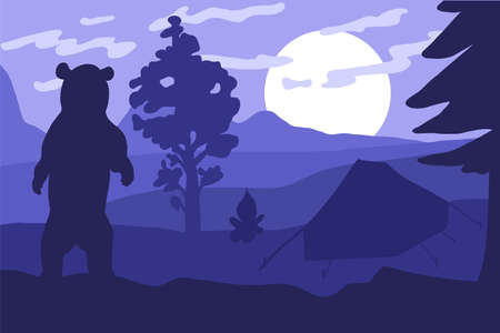 Bear in the camping. Forest sunset. Vectorのイラスト素材