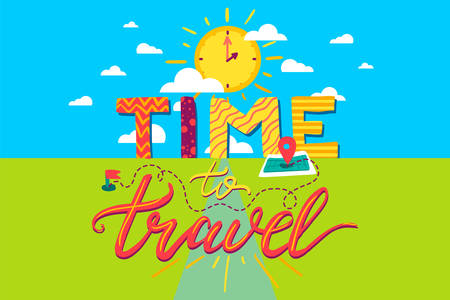 Time To Travel Lettering Poster. Tourism, motivational and adventure banner. Inspirational retro label. Vectorのイラスト素材