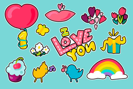 Vector Romantic Love Patches Set in doodle style with shape. Girl fashion patchworks design. Nice cartoon stickers. Fun badges.のイラスト素材