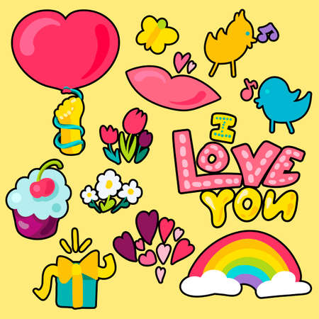 Romantic Love Patches Set in doodle style with shape.のイラスト素材