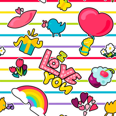 Vector Romantic Love Seamless Pattern in doodle style with shape. Girl fashion ornament. Nice cartoon background. Fun backdrop.のイラスト素材