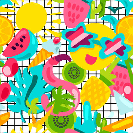 Vector Tropical Summer Seamless Pattern in doodle style with shape. Fruits and berries. Girl fashion...