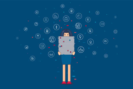 Office worker with big stack of paper. She has a lot of work. All hands' job illustration. Vectorのイラスト素材
