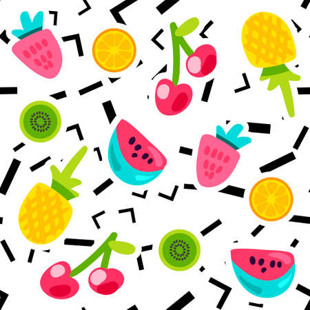 Vector Summer Fruits Patterns in cartoon style. Fruits and berries. Sweet backdropのイラスト素材