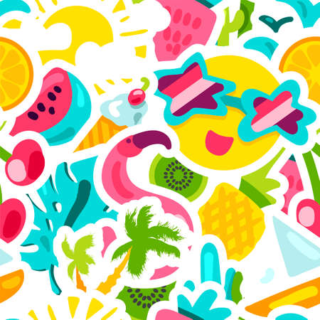 Vector Tropical Summer Seamless Pattern in doodle style with shape. Fruits and berries. Girl fashion sweet ornament design. Nice cartoon background. Fun wrapのイラスト素材