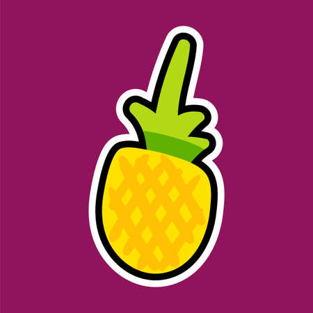 Pineapple cartoon sticker. Sweet fruit label. Patch and print for t-shirt, fabric, clothes. Menu item. Juice and summer symbol. Vectorのイラスト素材