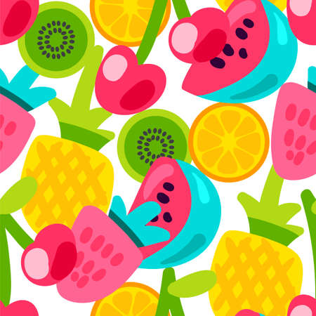 Vector Summer Fruits Patterns in cartoon style. Fruits and berries. Sweet backdropのイラスト素材