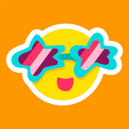 Yellow fun sun with glassses. Summer sticker and patch. Hot time symbol. Day sign. Beach icon. Vectorのイラスト素材