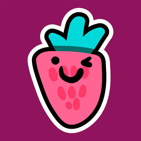 Strawberry cartoon sticker with smile. Sweet berry label. Patch and print for t-shirt, fabric, clothes. Menu item. Juice and summer symbol. Vectorのイラスト素材