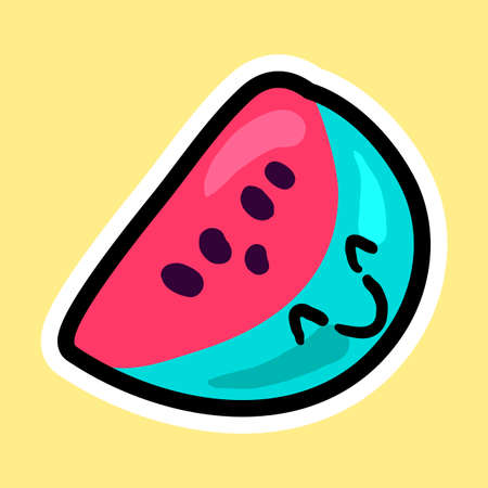 Watermelon cartoon sticker with smile. Sweet fruit label. Patch and print for t-shirt, fabric, clothes. Menu item. Juice and summer symbol. Vectorのイラスト素材