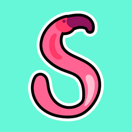 Pink flamingo in view of letter S cartoon sticker. Hot summer label. Patch and print for t-shirt, fabric, clothes. Tropical and beach symbol. Travel and exotic sign. Sea, summer or sexy icon. Vectorのイラスト素材