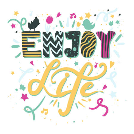 Enjoy Life lettering. Calligraphy inspiration graphic. Design typography element. Hand written postcard. Vector background lettering Enjoy Life. Summer illustration.のイラスト素材
