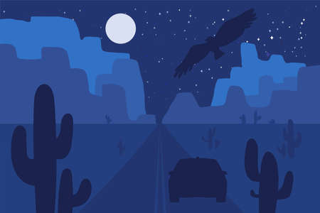 Desert landscape scene with car on road near mountains. Cactuses field. Flying eagle. Nevada or Texas panorama. Western is today. Vectorのイラスト素材