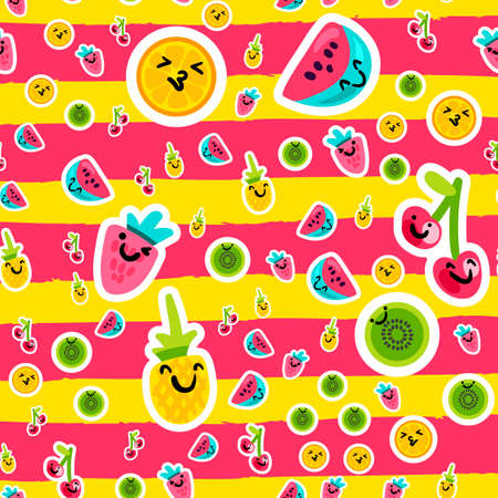Vector Summer Fruits Patterns in cartoon style. Fruits and berries. Sweet backdropのイラスト素材