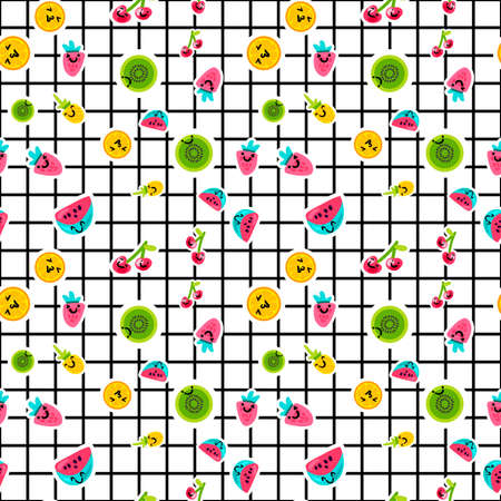 Vector Summer Fruits Patterns in cartoon style. Fruits and berries. Sweet backdropのイラスト素材