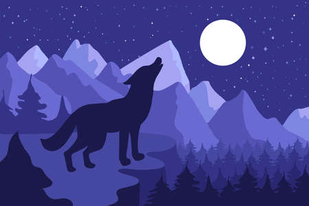 Wild Wolf Howling On The Hillside near forest and mountains. Outdoor nighr landscape and panorama with moon. Vectorのイラスト素材