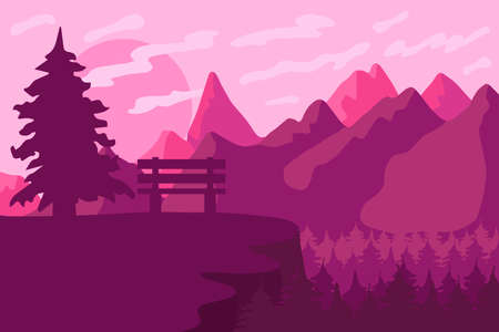 Park bench in the coniferous forest. Outdoor landscape and panorama. Pink sunset or sunrise. Vectorのイラスト素材