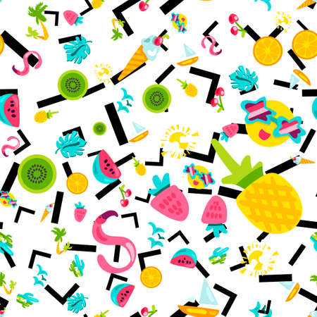 Vector Tropical Summer Seamless Pattern in doodle style with shape. Fruits and berries. Girl fashion...