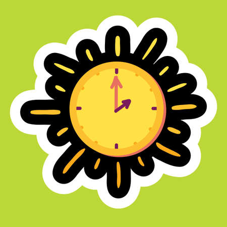 Stylish colorful cartoon sticker with clocks as sun. Time management insignia. Task management icon....