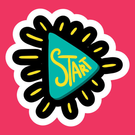 Stylish colorful cartoon business sticker with start button as startup symbol. Time management...