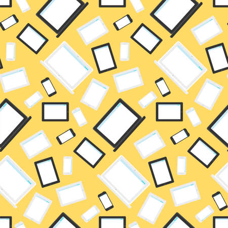 Vector stylish seamless pattern with notebook, smartphone and tablet in flat style. Cartoon design...