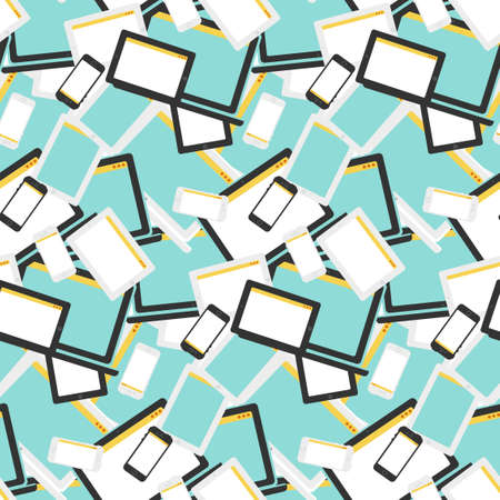 Stylish seamless pattern with notebook, smartphone and tablet in flat style. Cartoon design backdropのイラスト素材