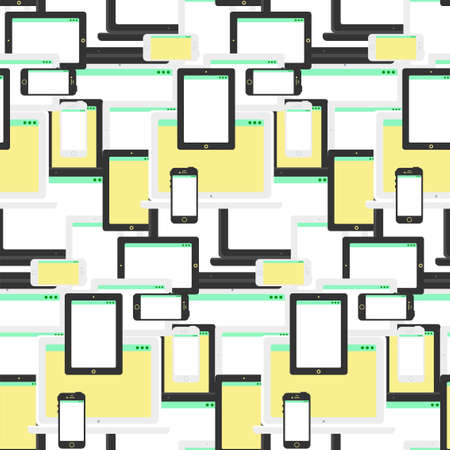 Stylish seamless pattern with notebook, smartphone and tablet in flat style. Cartoon design backdropのイラスト素材
