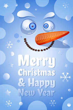 Merry Christmas, Happy New Year greeting card vector template. Funny snowman face flat illustrationのイラスト素材